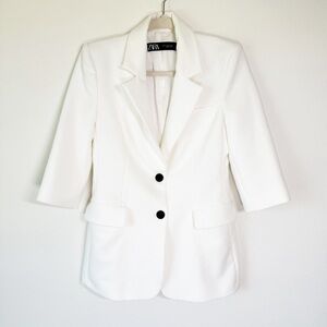 Zara White‎ Black Buttons Cropped Sleeves Blazer XS